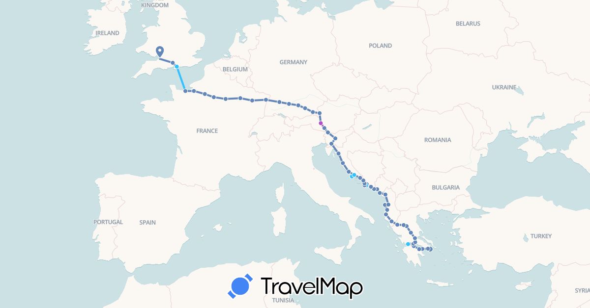 TravelMap itinerary: driving, cycling, train, boat in Albania, Austria, Germany, France, United Kingdom, Greece, Croatia, Montenegro, Slovenia (Europe)